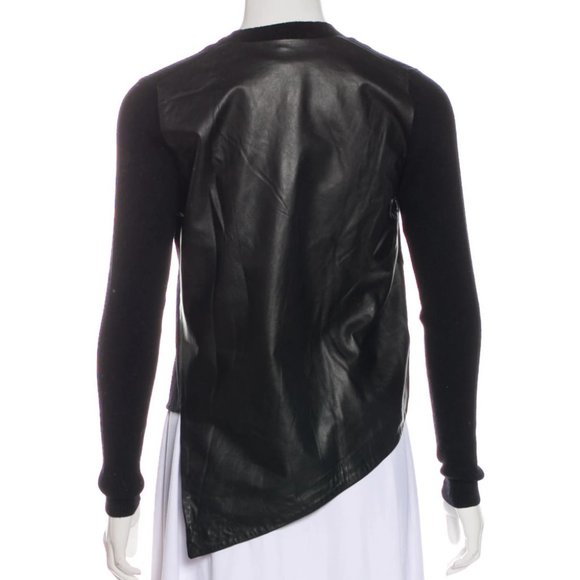 Revolve Soyer Black Leather Wool V Neck Asymmetrical Ribbed Crop Sweater Small - Picture 3 of 14